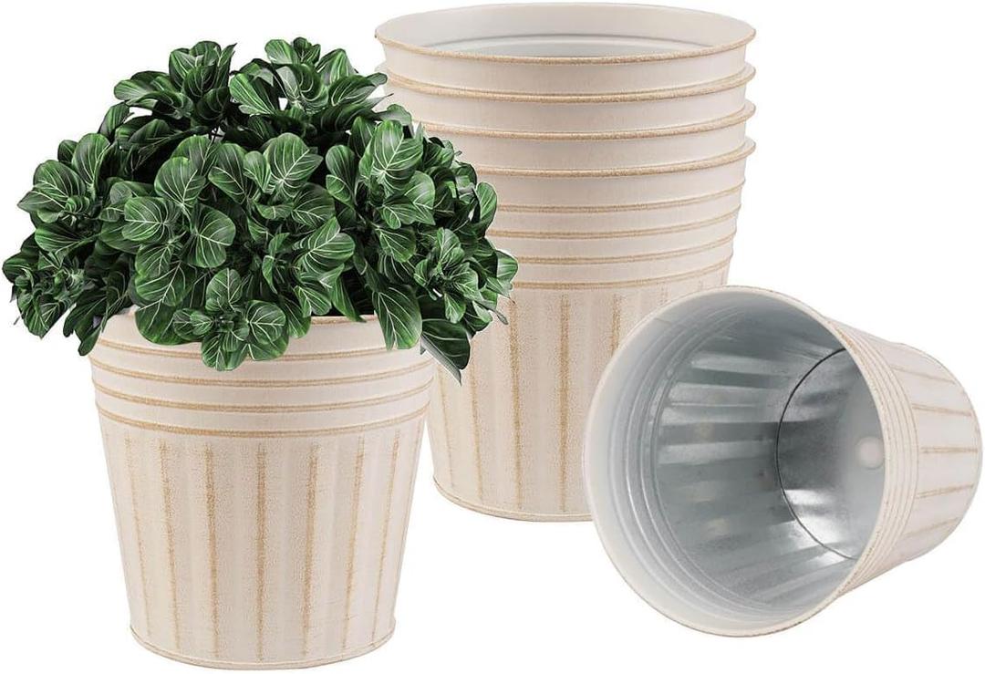 vensovo 5 Inch Galvanized Bucket Planter - 6 Pack Metal Flower Pots with Drainage Holes & Plugs, Rustic Beige Tin Pots for Indoor Herbs, Outdoor Succulents, Farmhouse Home Garden Decor