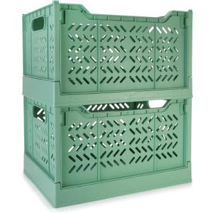 Domiella 2-Pack Crates for Storage, Storage Crates Plastic Stackable, Foldable Crate for Office Home Kitchen Bedroom Bathroom (Tall, Green) (Tall: 15.3" x 11.3" x 9")