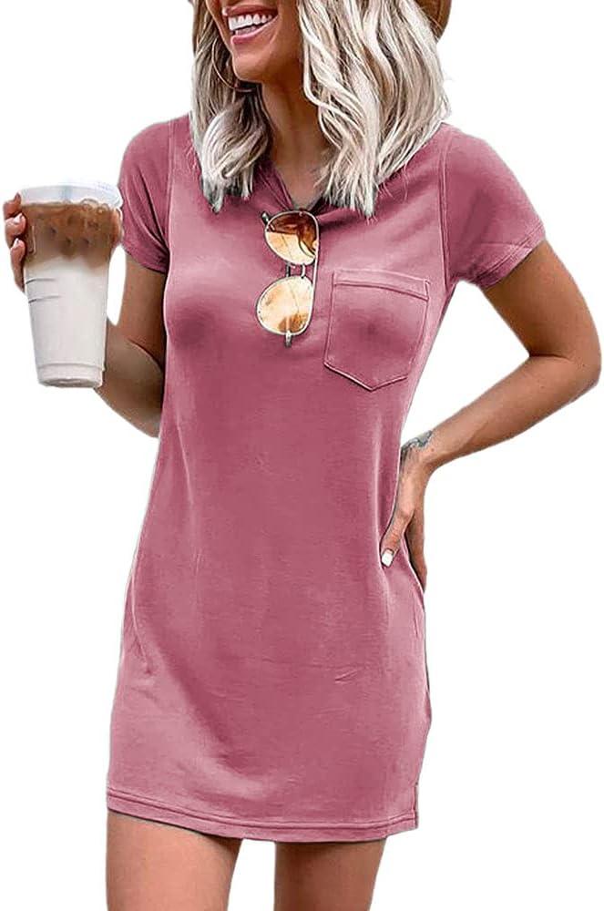 Ladiyo Women T Shirt Dress Summer Fashion Mini Dress Crew Neck Short Sleeve Dress Solid Color Casual Dress with Pocket (Pink, S)