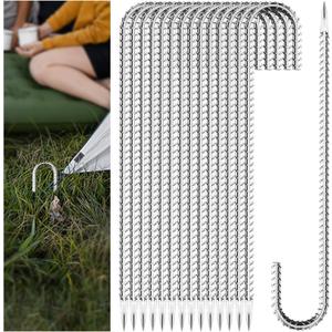 20 Pieces J Hooks Rebar Metal Tent Stakes 12 Inch Galvanized Ground Anchors Yard Stakes for Landscape Fabric Artificial Turf Heavy Duty Anti Rust for Outdoor (20, J-12 x1/4" Silver)