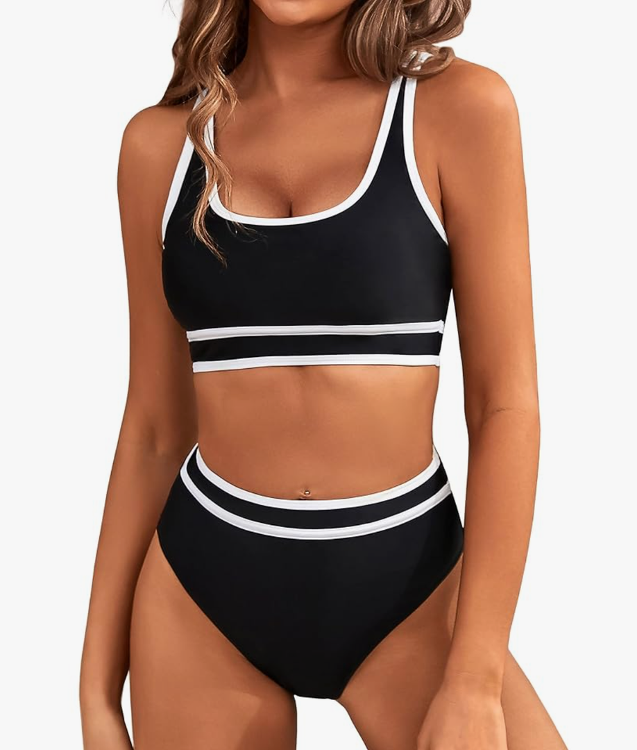 BMJL Women's High Waisted Bikini Sets Sporty Two Piece Swimsuits Color Block Cheeky High Cut Bathing Suits, Size L