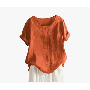ZOCAVIA Women's Cotton Linen Shirts Summer Casual Boho Floral Short Sleeve Buttons Decor Blouse Tops Oversized Loose Fit Round Neck Graphic Ladies Tunic T Shirts Solid Brick Red Size XL