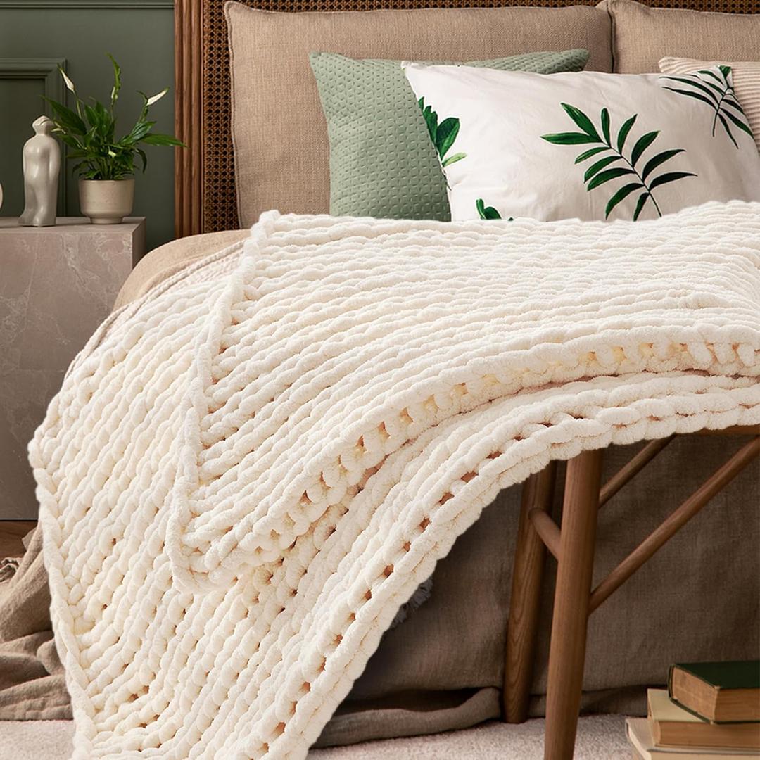 Cream White Throw Blanket, 40" x 50" Chunky Knit Blanket, Handmade Warm & Soft Chenille Throw Blanket, Washable Decorative Knit Blanket with Jumbo Chenille Yarn for Couch Bed Sofa