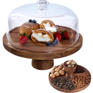 Cake Stand with Lid, Multi-Functional 12in Round Cake Holder, Acacia Wood 2-in-1 Dessert Table Display Set, Charcuterie Board for Cheese ,Fruit Platter, Large Acrylic Cake Dome Cover