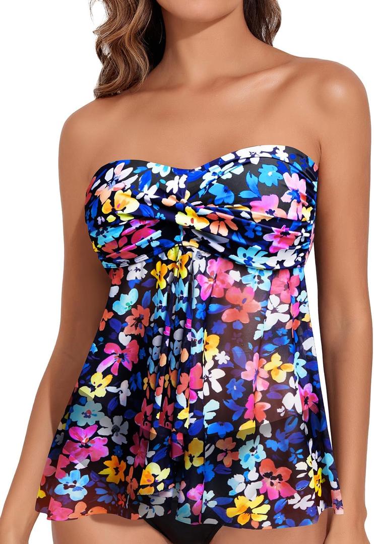 Women Bandeau Tankini Top Only Mesh Strapless Swimsuits Top Halter Flyaway Bathing Suits No Bottom (Small, Colorful Flowers)