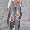 Women's High Waist Straight Leg Ripped Jeans Distressed Denim Pants (Black, XL)