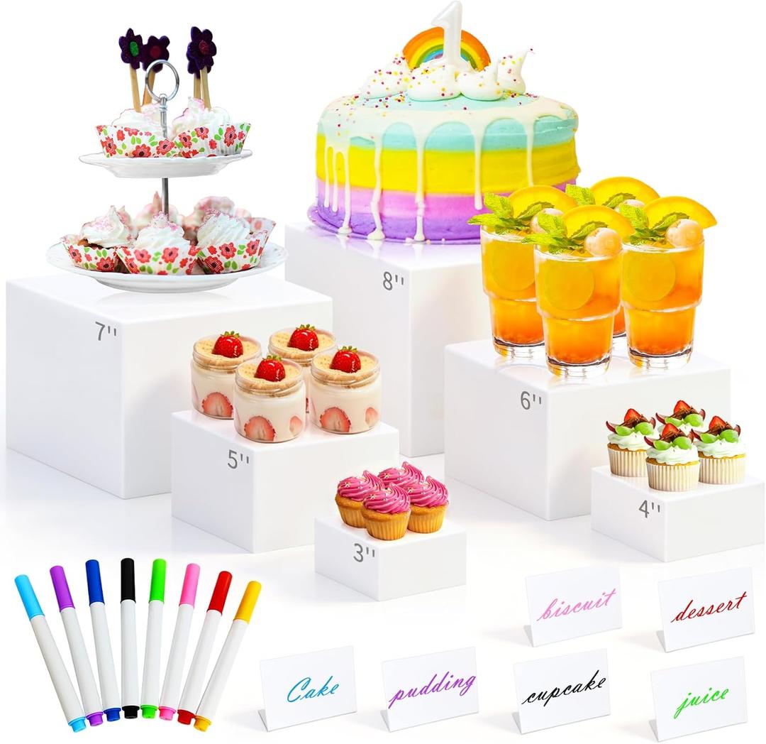 ABenkle 6Pcs White Acrylic Buffet Risers, Buffet Table Risers and Stands, Food Risers Display Shelf for Party Catering Dessert Cupcake,Cube Display Box with Mini Sign (Size: 8",7",6",5",4",3")