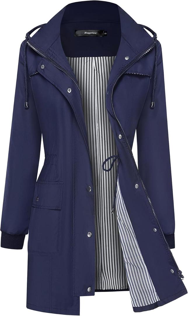 Bloggerlove Rain Jacket Women Lightweight Raincoat Waterproof Windbreaker Striped Climbing Outdoor Hooded Trench Coats (Large, Navy Blue)