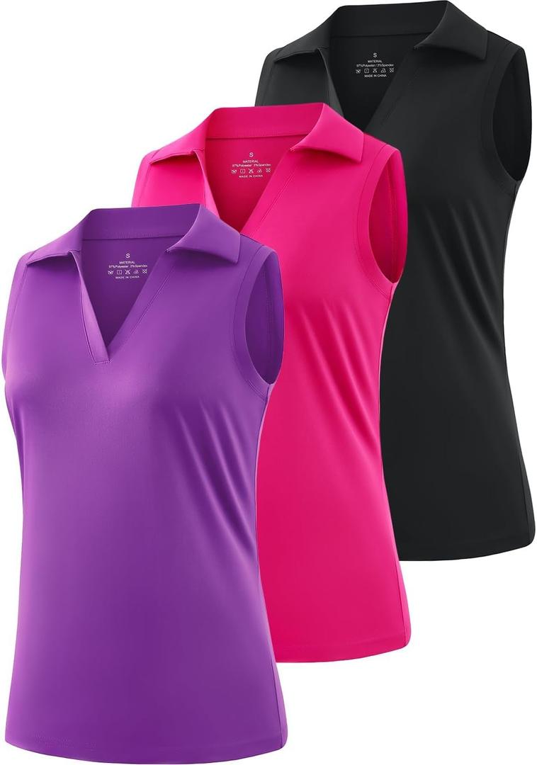 Ullnoy Women's Lightweight Polos Tops Sleeveless Golf Polo Shirt for Women Moisture Wicking Activewear Polos Tops Pack (Small, Black/Rose/Purple)