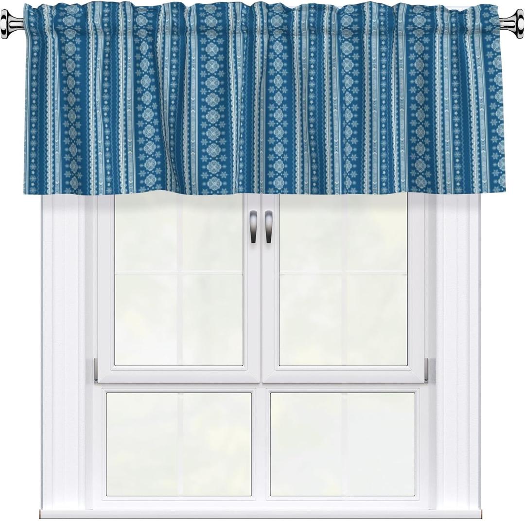 Boho Valances for Windows - Blue White Snowflake Cafe Curtains Winter Snow Short Curtains for Living Room Bathroom Bedroom Basement