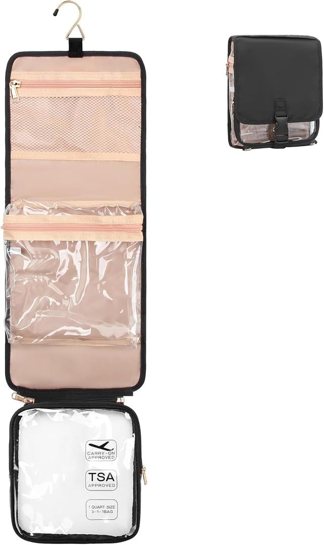 Relavel Travel Toiletry Bag for women with Detachable TSA Approved Toiletry Bag, Compact Hanging toiletry bag with Small Carry On 3-1-1 Clear Waterproof Travel Bags for Toiletries (M Black, A Small)