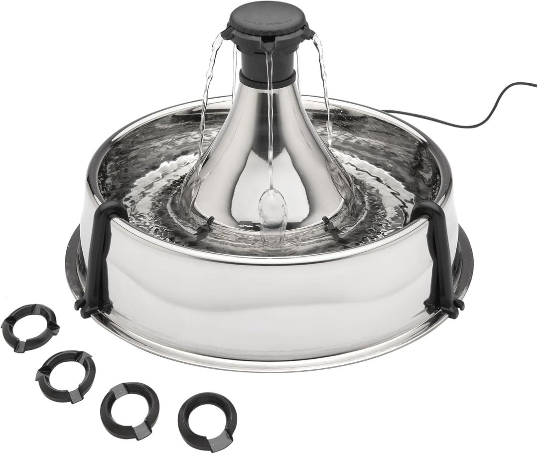 PetSafe Drinkwell Stainless Steel 360 Multiple Pet Fountain - Scratch and Rust Resistant Automatic Water Dispenser for Cats or Dogs - Adjustable Flow Control - 128 Ounce (3.8 Liter) - Filters Included