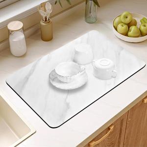 3 x 27.2" x 17.3" Dish Drying Mat for Kitchen Counter, Absorbent Hide Stain Rubber Backed Coffee Mat, Easy Clean, Eco-friendly, Heat-resistant, Large Kitchen Drying Mat, White Marble