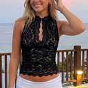Women Sheer Lace Tank Top Sexy Sleeveless Mock See Through Slim Fit Floral Vest Y2K Date Night Shirts (Black) L