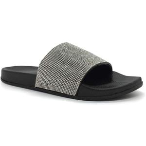 FUNKYMONKEY Women's Slides Rhinestone Glitter Slip On Footbed Platform Sandals (8, Black)