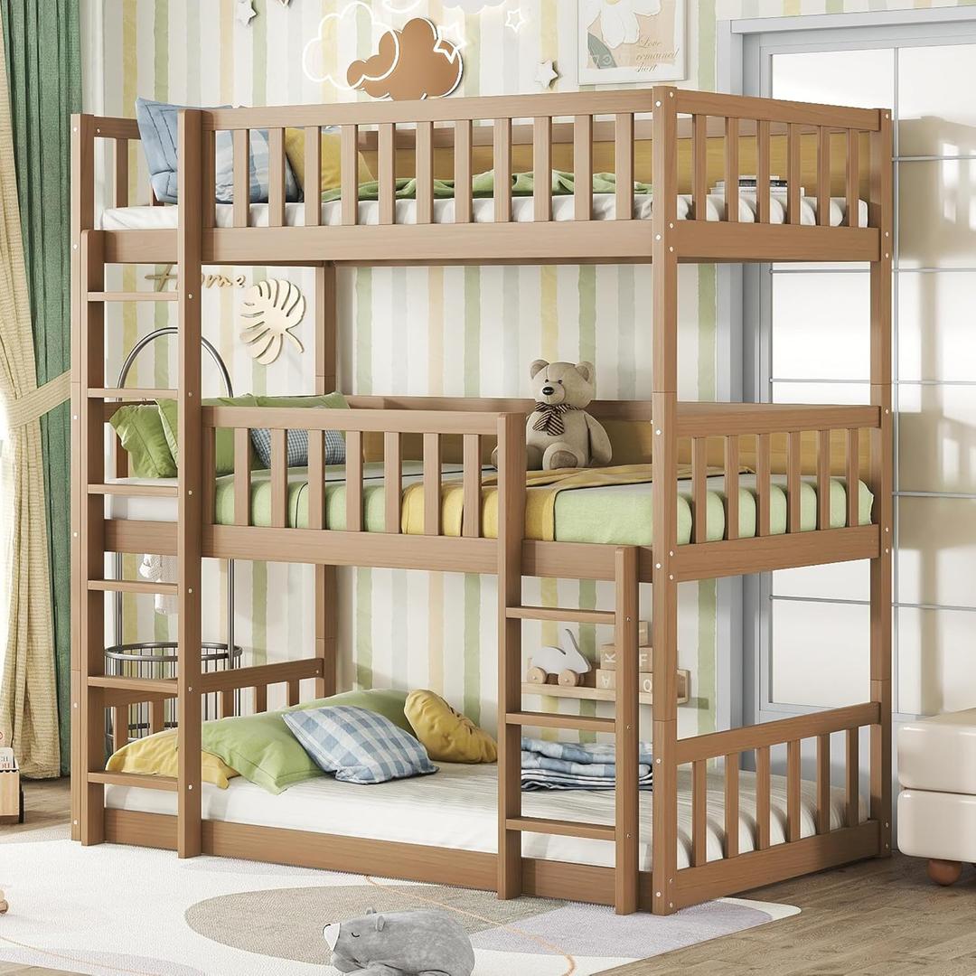 Solid Wood Triple Bunk Bed for 3 Kids, 3 Bed Bunk Beds with Two Built-in Ladders,Twin Over Twin Over Twin Triple Bunk Bed,Detachable,Natural