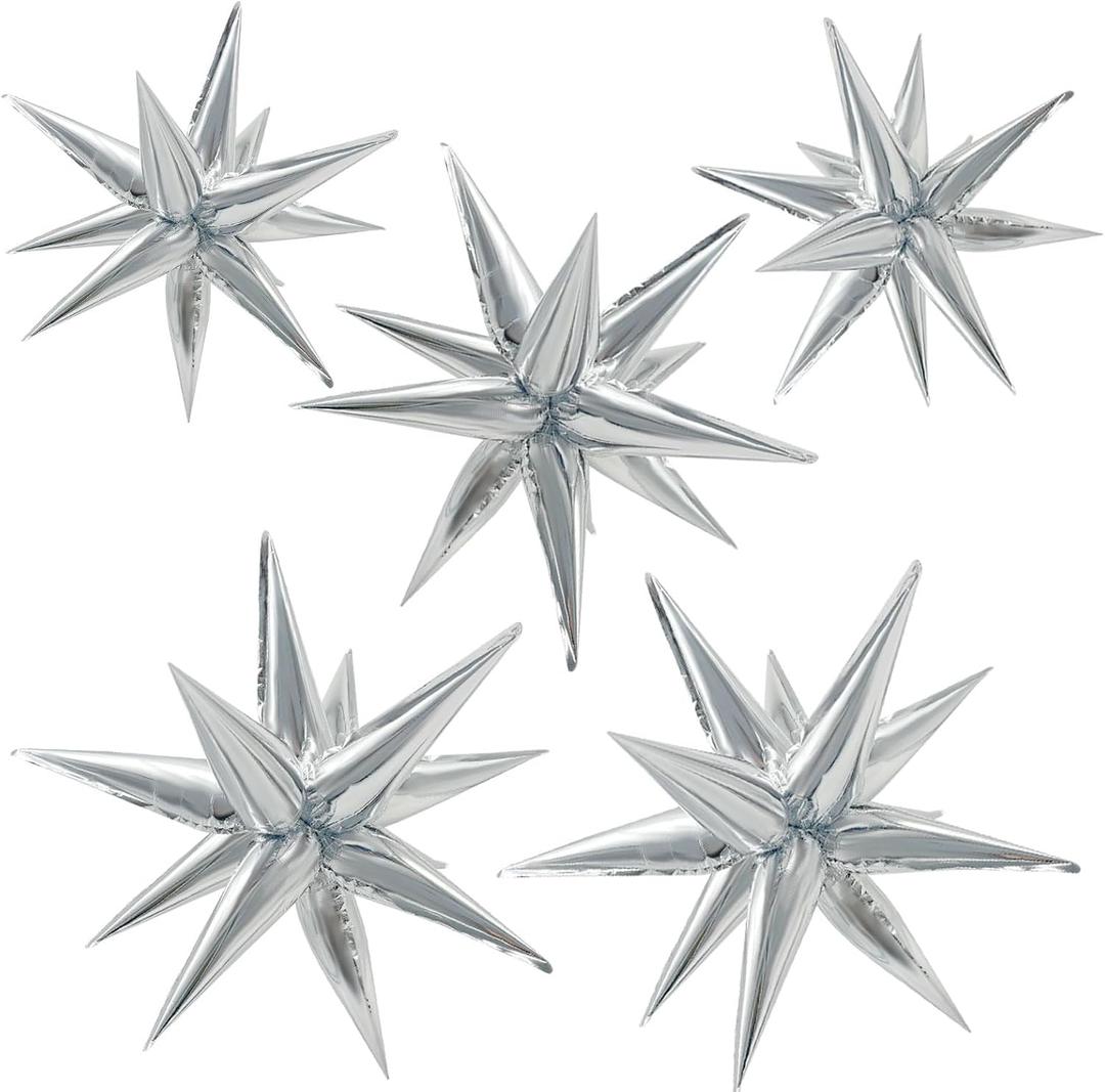 60Pcs Silver Star Balloons Birthday Decorations Explosion Mylar Balloons 12 Spike Balloon Large Foil Prom Balloon for Wedding Anniversary Christmas New Year Eve Party Backdrops Supplies
