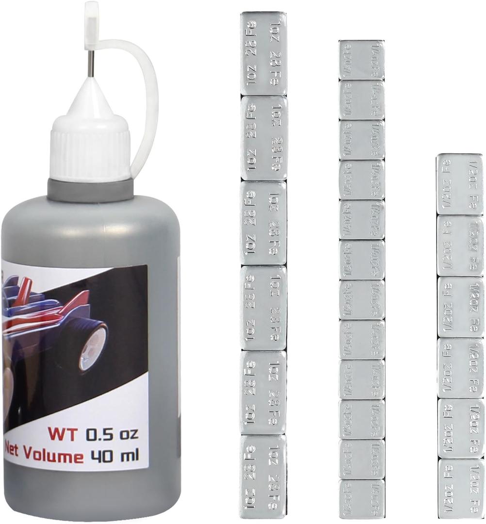 Pinewood Weights Car Kit-3 Sizes 24 pcs Iron Adhesive Weights, 1/4 OZ, 1/2 OZ, 1 OZ Adhesive Stick-on Weights and 40ML Graphite Lubricant Powder for Derby Car