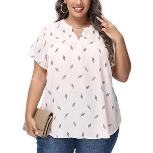 MCEDAR Women's Plus Size Chiffon Blouse Short Sleeve Split V Neck Floral Casual Summer Dressy Work Tops 2X