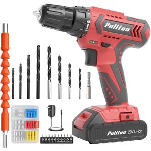 PULITUO Cordless Drill Set, 20V Electric Power Drill with Battery And Charger, 30N.m and 21+1 Torque, 2 Variable Speeds, with 59pcs Drill Driver Bits Kit, Screws Set(Red)