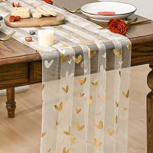 Artoid Mode Gold Heart Gauze Table Runner 120 Inch 10FT, Glitter Metallic Foil Valentine’s Day Sheer Dining Anniversary Wedding Table Decor for Home Party