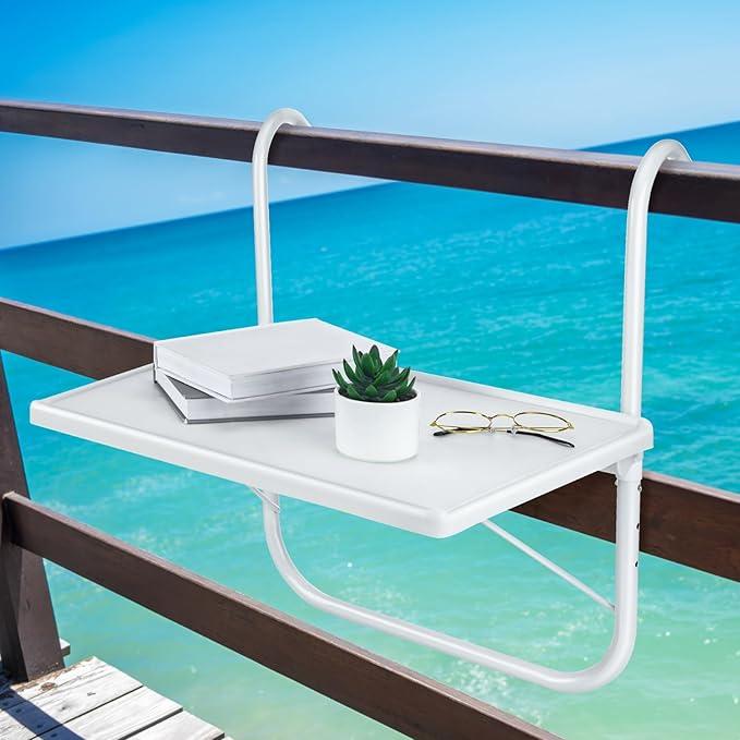 Outdoor Balcony Hanging Table for Railing, Folding Railing Table with 3 Level Adjustable Height,20.4x15.7 Inch Space Saving Side Table Outdoor Railing Bar Serving Table for Patio Balcony Deck (White)