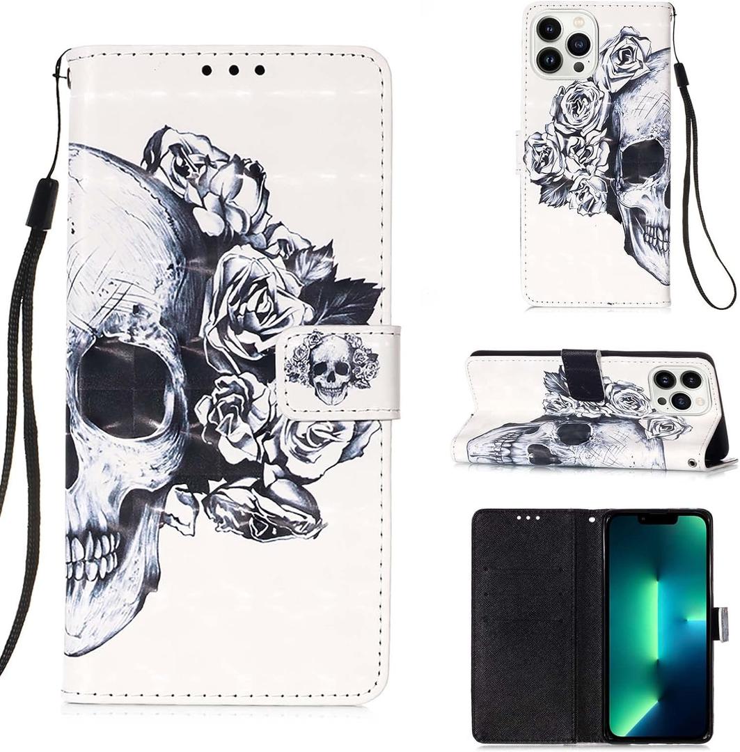 Case for iPhone 15 Pro 6.1'', 3D Wallet Case PU Leather with[Card Holder][Kickstand][Wrist Strap][Magnetic Closure] Shockproof Flip Cover for iPhone 15 Pro Rose Skull YB-3D