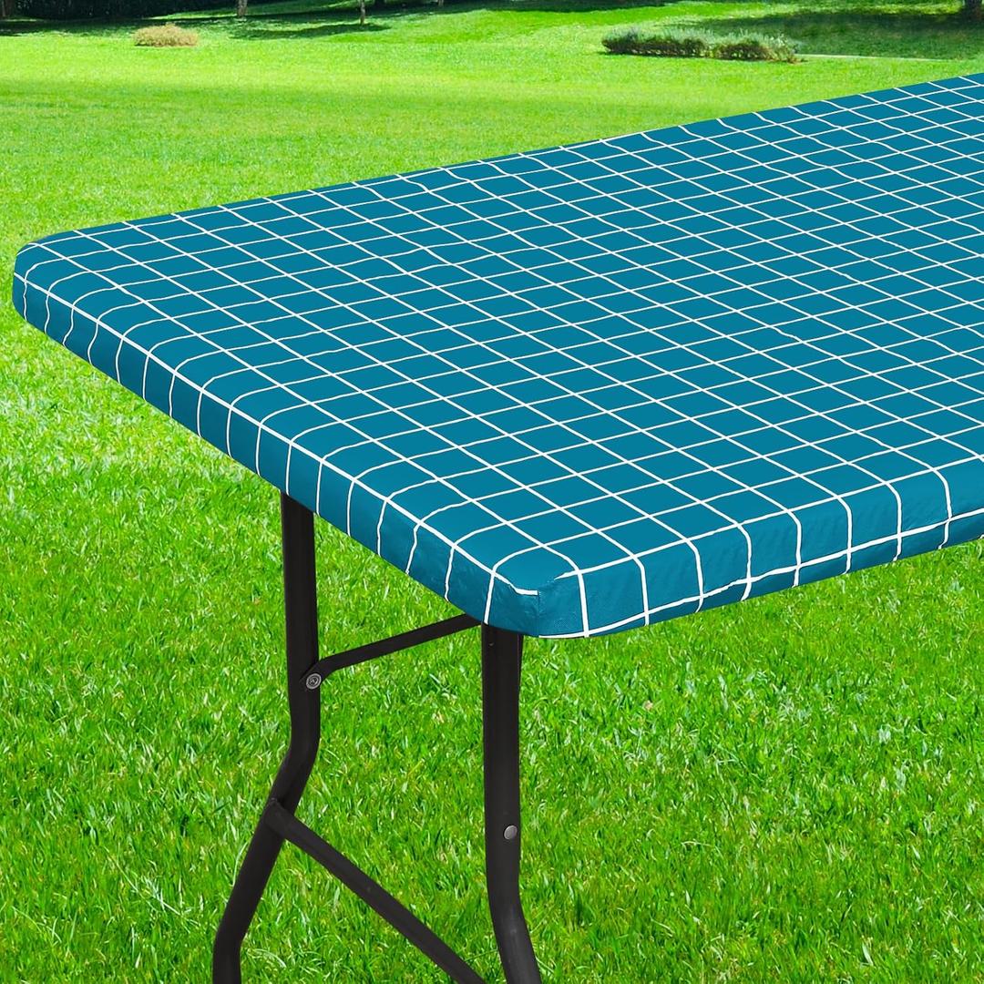 Rectangle Vinyl Table Cloth 24x48, Waterproof Elastic Fitted Tablecloth with Flannel Backing, Plastic Table Cover for Picnic, Camping, Outdoor, Teal