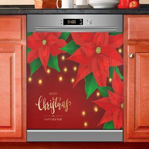 Red Poinsettia Flowers Christmas Lights Dishwasher Magnet Cover Sticker Magnetic Refrigerator Panel Front Door Fridge Microwave Decal Decorative