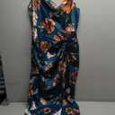 WDIRARA Women's Floral Print Cowl Neck Sleeveless Ruched Split Thigh Satin Cami Summer Dress Floral Dark Blue Medium