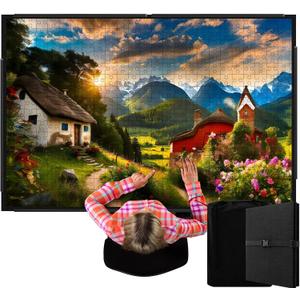 Fanfanwin 3000 Pieces Folding Felt Jigsaw Puzzle Foldable Board Mat with Non Slip Surface Puzzle Mat 55" x 37" Extra Large Portable Jigsaw Board with Storage Bag for Adults Tray(Black)