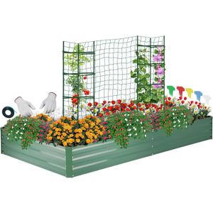 ONCEMORE Galvanized Raised Garden Bed for Vegetables Flowers Herbs, Metal Raised Garden Bed Kit with 2 PCS Tomato Cage, Gloves, Trellis Netting, Plant Labels, Plant Ties, Green 6×3×1FT