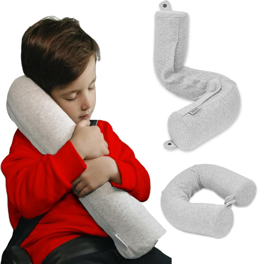 Dot&Dot Twist Memory Foam Kids Travel Pillow for Airplanes - Kids Neck Pillows for Travel, Sleeping - Airplane Pillow for Neck Support, Chin, Lumbar, Leg - Adjustable Toddler Neck Pillow for Car Seat (Mini (23"), Mini Gray)