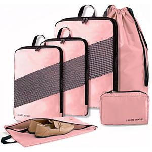 6 Set Compression Packing Cubes for Suitcases, Space-Saving Packing Cubes for Travel, Durable Suitcase Organizer Bags Set for Travel Essentials, Double Zipper Compression Packing Cubes, Pink