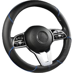 Steering Wheel Cover, Premium Nappa Leather Non-Slip Breathable Grip, Universal Fit for Car SUV Truck, 14.5-15 Inch (37-38.5 cm) (Black and Blue)