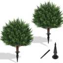 Artificial Set of 2 Cedar Topiary Ball Trees 23" for Outdoors with Ground Spike, UV Resistant Faux Cypress Plants, Evergreen Shrubs Bushes for Front Porch Garden Backyard Decor