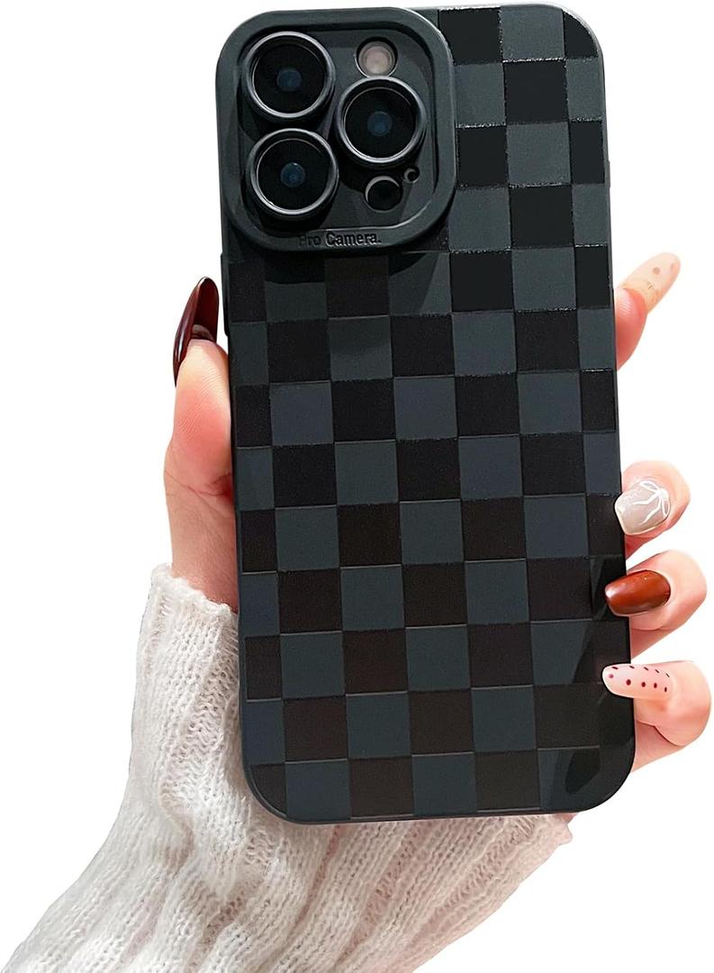 Compatible with iPhone 14 Pro Case Cute Checkered Pattern Design for Girls Women, Soft Silicone Shockproof Protective Designed for iPhone 14 Pro Case-Black