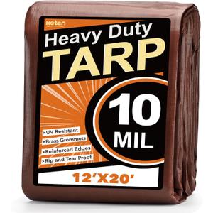 Keten Tarps Heavy Duty Waterproof 12X20Ft, 10 Mil Thick Multipurpose Poly Tarp Tear & Fade Resistant, UV Blocking, Outdoor Tarp with Reinforced Grommets for Roof, Camping, Patio, Pool (Brown/Silver)