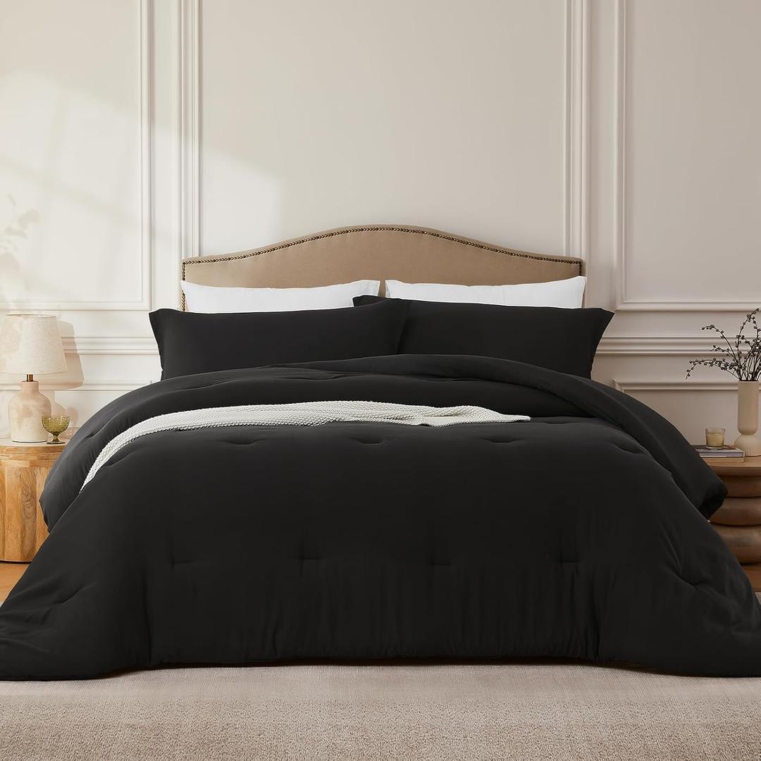 Queen Comforter Sets Black, 3PCS Soft Lightweight Breathable Bedding Comforter Sets for All Season, Queen Size (90''90'' Comforter & 2 Pillowcases)
