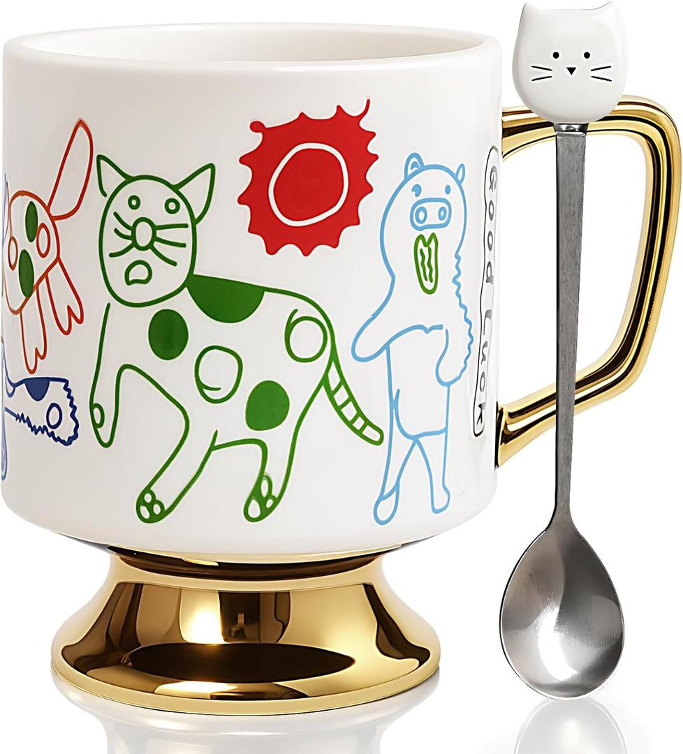 Christmas Mugs Whimsical Animal Ceramic fun Coffee Mug  14oz Childlike Hand-Drawn Cat, Dog & Bear Design  Cute gothic Coffee Cup Gift for Women, Girls, Kids (white)