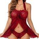 Avidlove Lingerie for Women Nightwear Lace Babydoll Nighty Halter Chemise Lingerie Plus Size Dark Red, XL
