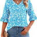 LOMON 3/4 Length Sleeve Womens Tops Summer V-Neck Blouses Spring Ruffle Sleeve Tunic T-Shirts Dressy Casual (Large, Blue White Floral)