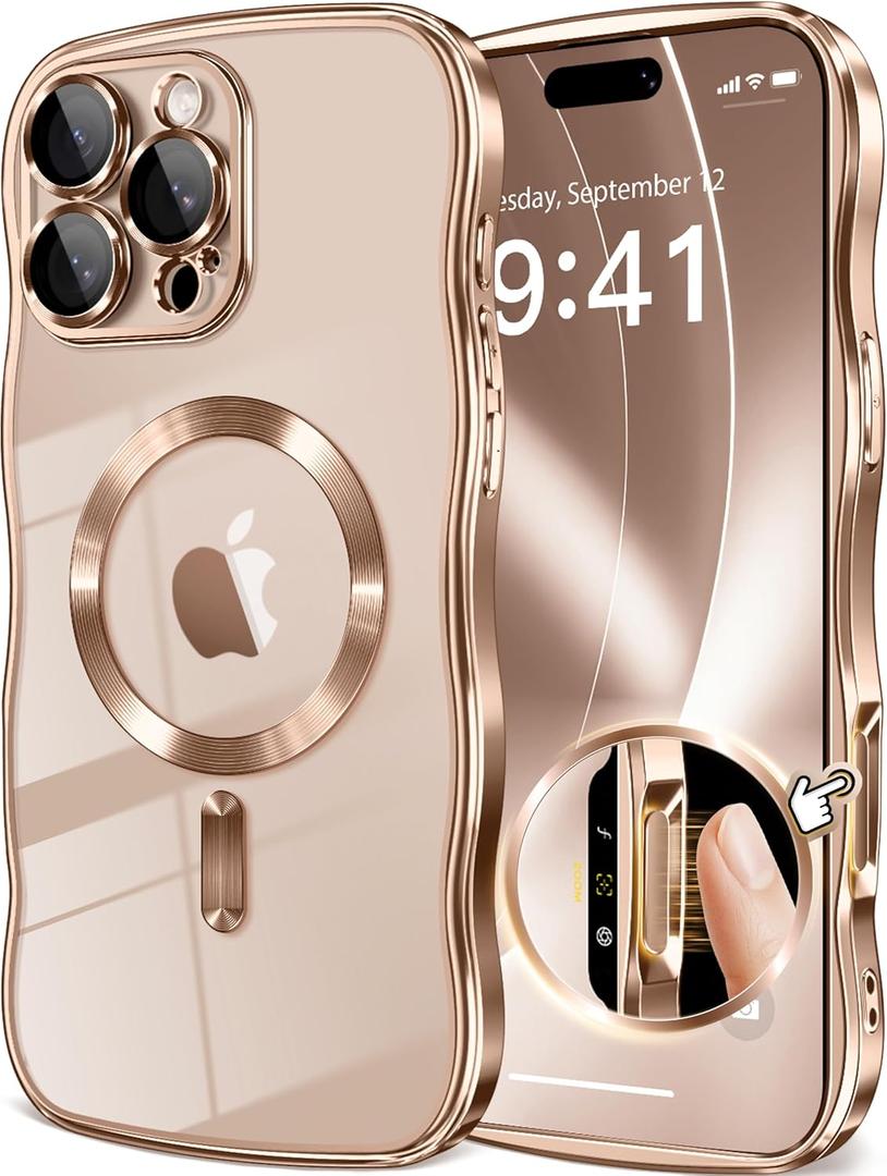 GVIEWIN for iPhone 16 Pro Max Case Compatible with MagSafe, Upgraded [Full Camera Protection][Cute Wave Frame][Military Grade Protection] Electroplated Soft Phone Cover for Women Girl, Clear/Rose Gold