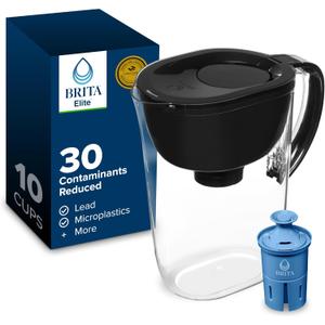 Brita Large 10-Cup Elite Water Filter Pitcher, WQA NSF/ANSI Certified, Reduces 99% of Lead, Microplastics, & 30 Contaminants, BPA-Free, Removes Chlorine Taste & Odor, 1 Elite Filter, Black