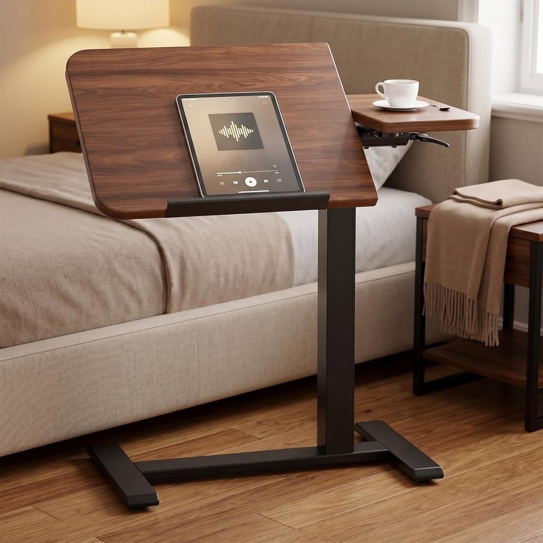 COMHOMA Tiltable Mobile Small Standing Desk, Pneumatic Adjustable Height Overbed Bedside Table with Wheels, Sit Stand Portable Rolling Laptop Desk Computer Workstations, Walnut, 28" W x 16" L x 26.5" H