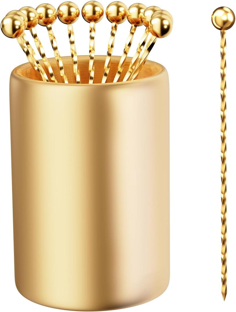 Metal Cocktail Picks 12Pack+Holder Kit, 304 Stainless Steel Toothpicks, Reusable Cocktail Skewers, Garnish Picks Bloody Mary Skewers, Martini Picks for Olives Appetizers Fruit (Golden X)