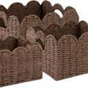 OIAHOMY Scalloped Wicker Baskets, Hand-woven Storage Baskets with Built-in Handles, Paper Rope Shelf Baskets for Organizing and Decoration, Set of 3-Brown