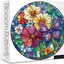 Stained Glass Flower Butterfly Puzzle for Adults 1000 Pieces, Round Mosaic Art Jigsaw Puzzle, Colorful Floral Puzzle