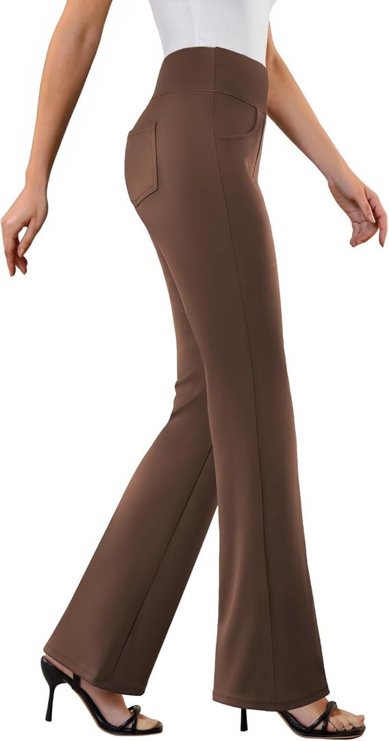 DLOODA Womens Dress Pants Stretchy Work Pants Business Casual Office Trousers Pull On Flare Slacks with 4 Pockets (Brown, S)