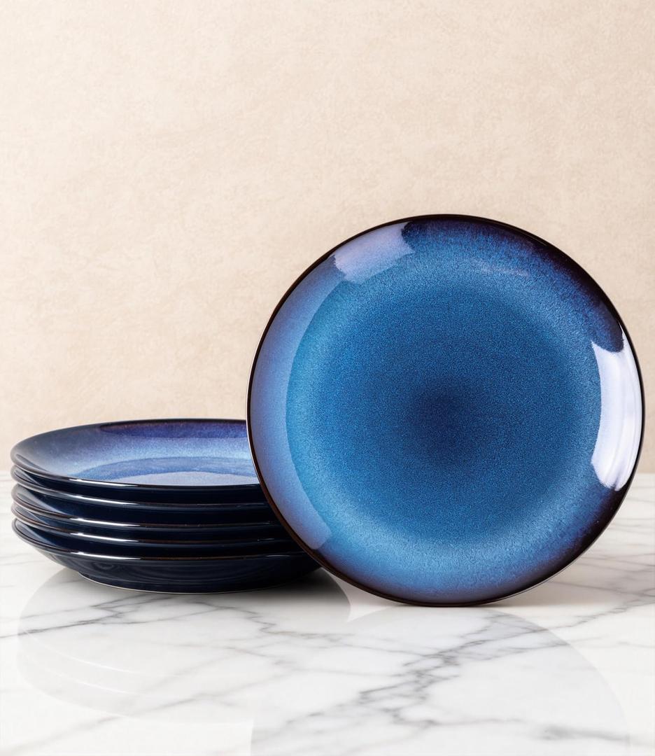 LERATIO Ceramic Dinner Plates Set of 6, 8.0 Inch Handmade Reactive Glaze Porcelain Plates, Coupe Shape Dinnerware Dishes Set for Kitchen,Oven& Microwave & Dishwasher Safe, Scratch Resistant-Blue